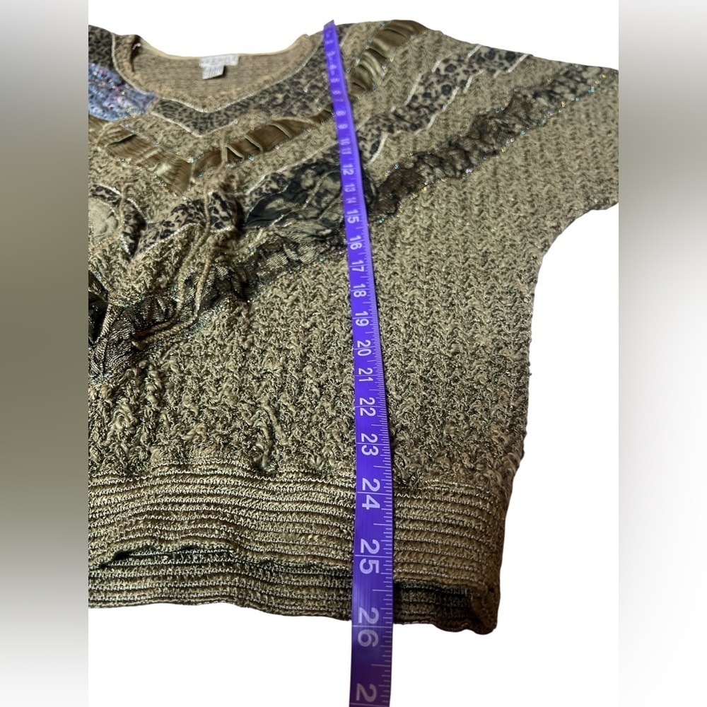 Vintage 80s Olive Green Patchwork Dolman Sweater Italian Boho Textured Slouchy - Picture 13 of 14